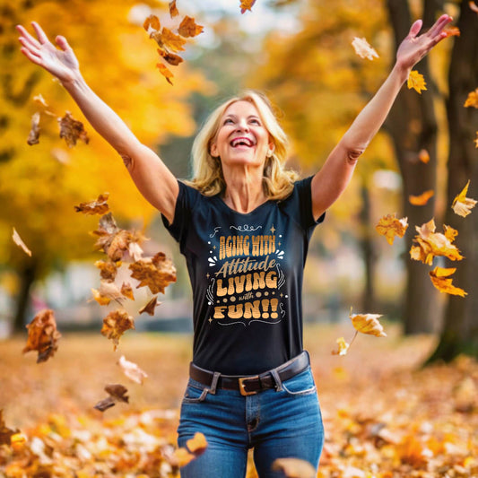 Aging with Attitude Living with FUN Soft Black Heathered Tshirt