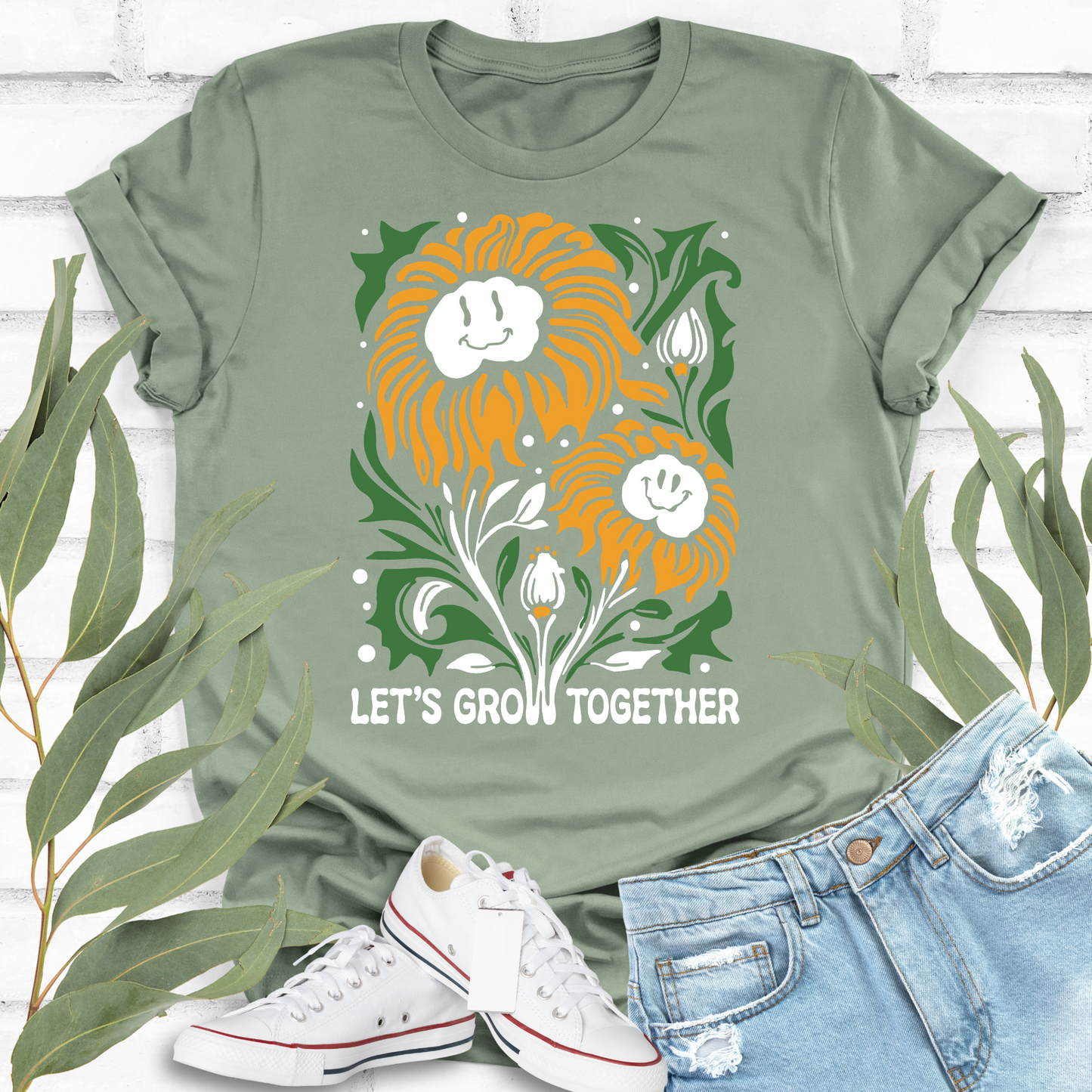 Let's Grow Together Smiling Flowers T-shirt